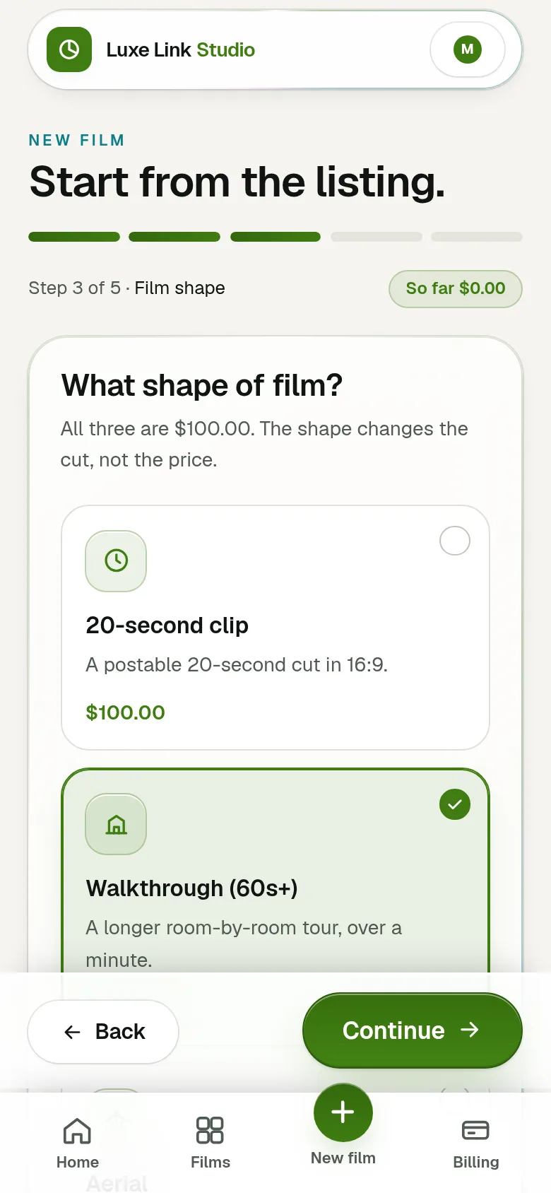 The Luxe Link Studio wizard: the film shape step